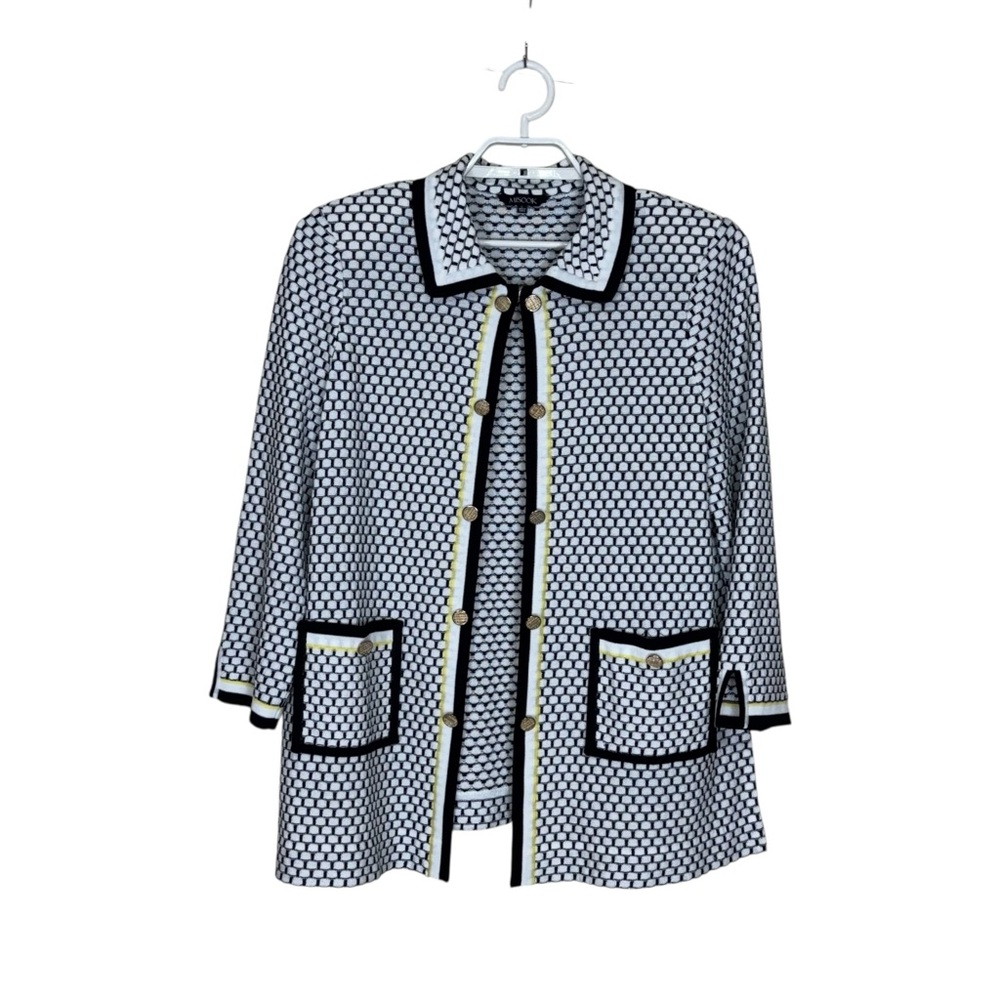 Misook Womens Cardigan Open Front Jacket  Black White Yellow Trim Knit Large